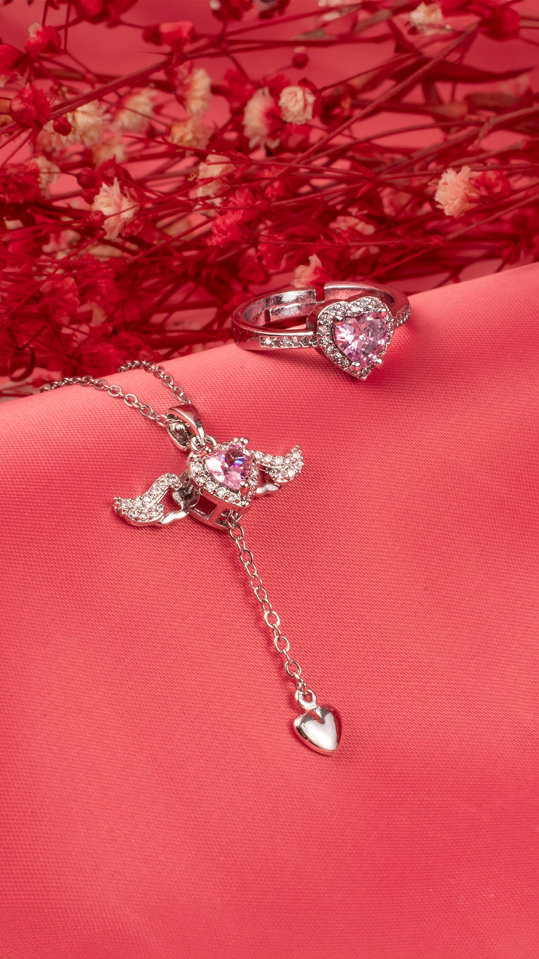 Çelik FlyHeart Model Kolye & Pink Diamond Heart Yüzük Set